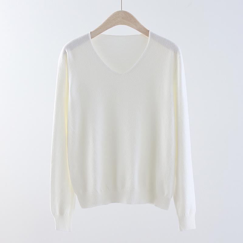 Women s Seamless V-Neck Knitted Sweater - Long Sleeve Solid Color Pullover for Autumn Free Size