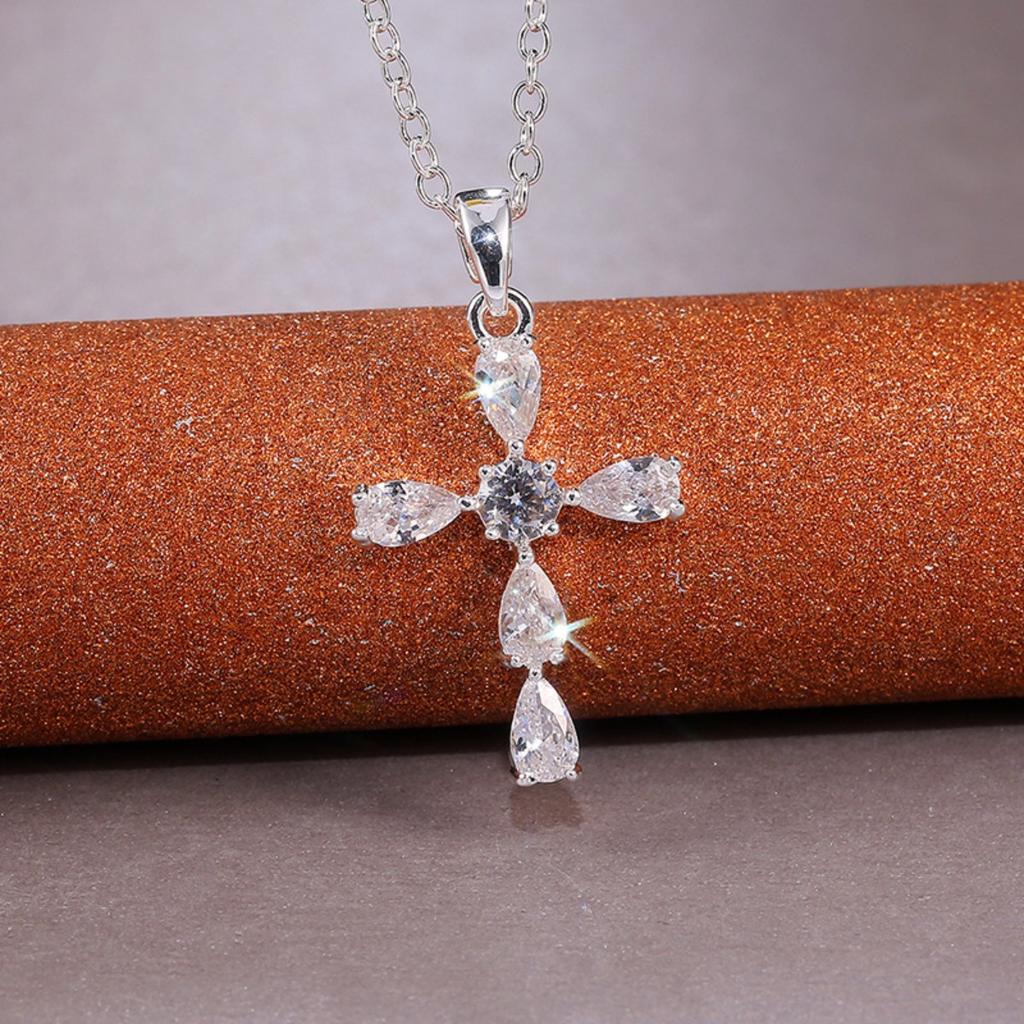 Women Teardrop Stone Cross Pendant Necklace with Central Round Stone Elegant Sparkling Religious Inspired Jewelry for Daily and Special Occasions