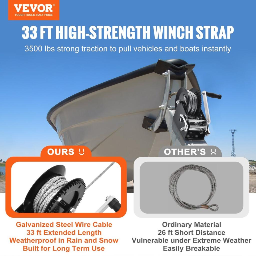 Hand Winch, 3500 lbs Pulling Capacity, Boat Trailer Winch Heavy Duty Rope Crank with 33 ft Steel Wire Cable and Two-Way Ratchet, Manual Operated Hand