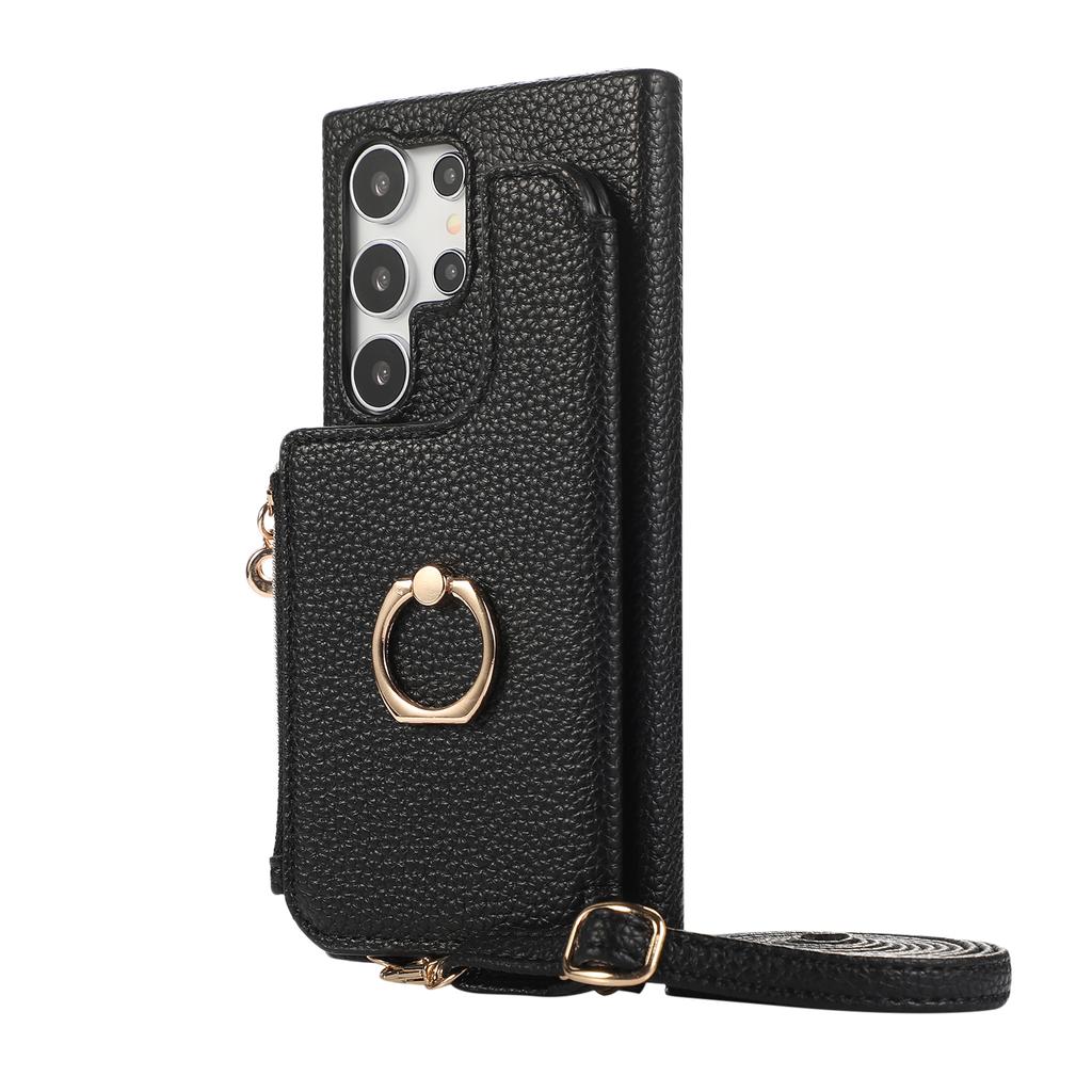 Zipper Cards Holder Leather Wallet Ring Makeup Mirror Case For Samsung Galaxy S24 Ultra S23 Plus S22 A15 A35 A55 A05 A25 Cover