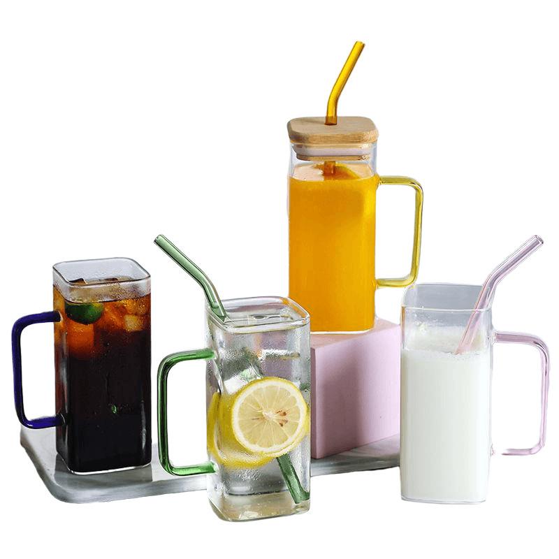 400ml Square Glass Mug With Lid and Straw Breakfast Milk Cup Microwave Safe Transparent Party Beer Coffee Mug Cocktail Tool