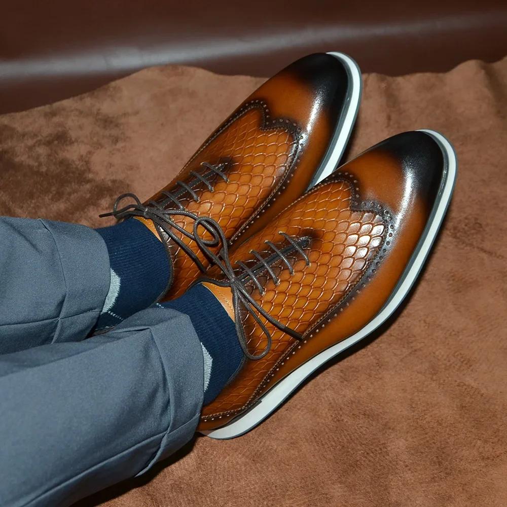 XEBOS Mens Casual Oxford Wingtip Dress Shoes Cowhide Genuine Leather Original Brand Men's Sneakers Luxury High Quality Shoes