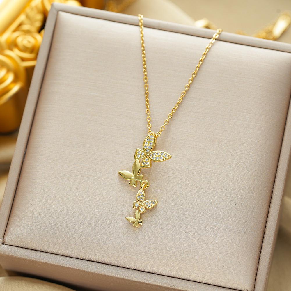 Titanium Steel Zircon Butterfly Pendant Necklace - Simple & Versatile Clavicle Accessory