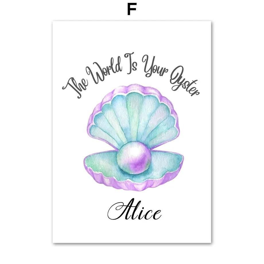 

Cute Mermaid Custom Name Shell Ocean Set of Poster Nursery Wall Art Prints Canvas Painting Pictures Kids Girl Room Decoration 21x30cm No Framed