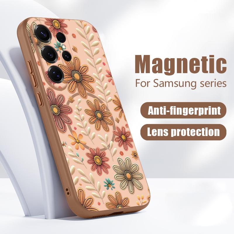 Magnetic For Magsafe Case For Samsung Galaxy S26 Ultra S25 Edge S24 Plus S23 FE S22 A17 A54 A55 A56 A57 5G Pink Lily Daisies Floral Cover