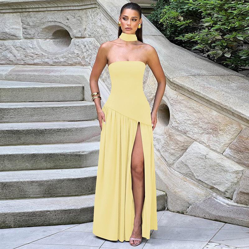 2025 European & American Diagonal Spliced Strapless Evening Gown - Sexy Ruched Long Dress for Women