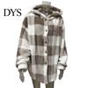 Women Jacket Lady Winter Coat Plush Lined Flannel Conrast Color Plaid Print Design Outerwear Hooded Single-breasted Thick Loose Long Sleeves Casual