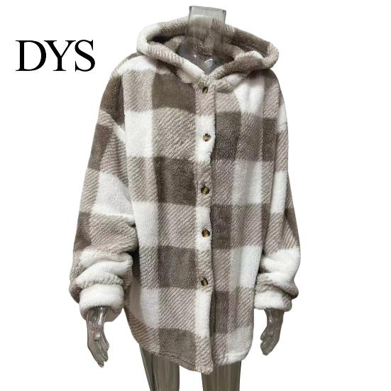 Women Jacket Lady Winter Coat Plush Lined Flannel Conrast Color Plaid Print Design Outerwear Hooded Single-breasted Thick Loose Long Sleeves Casual