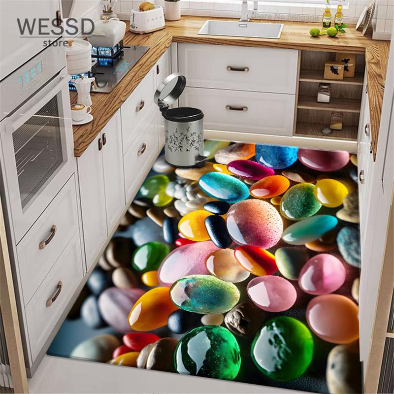 3D-Matte mit mehrfarbigen Steinen, rutschfeste Küchenteppiche, Kopfsteinpflaster, Badezimmerteppich, saugfähig, weich, Raummatte, Teppiche für das Wohnzimmer