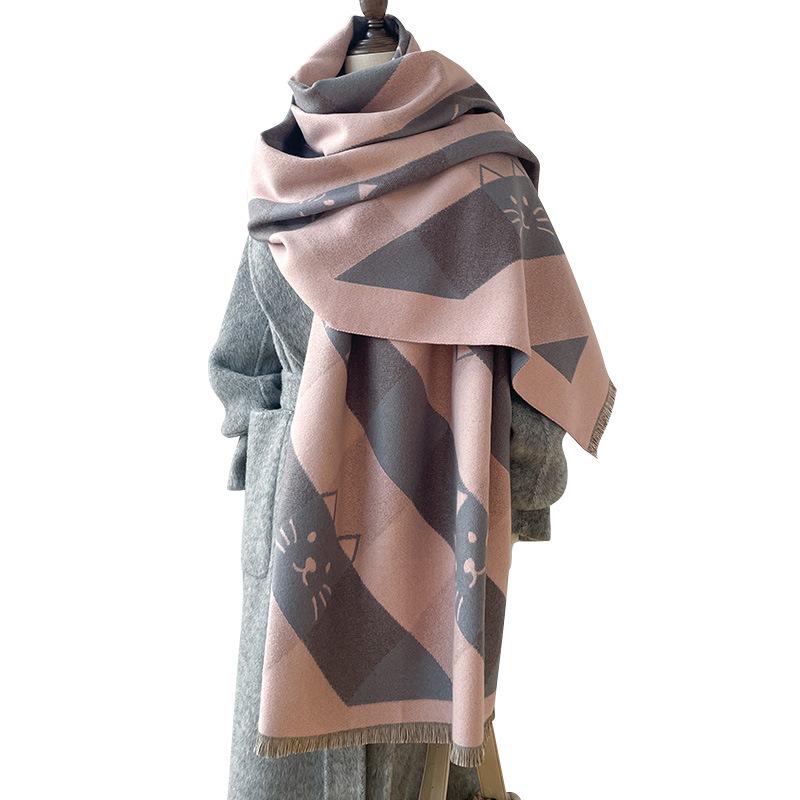 Geometric Square Slash Kitten Decorative Animal Sweet And Cute Xiaoqing Fresh Wind Autumn And Winter Women'S Imitation Cashmere Scarf