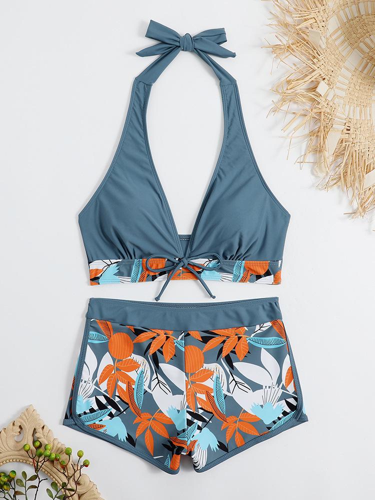 Costum de baie bikini multicolor cu imprimeu, cu șnur și croială plată pe picior pentru femei