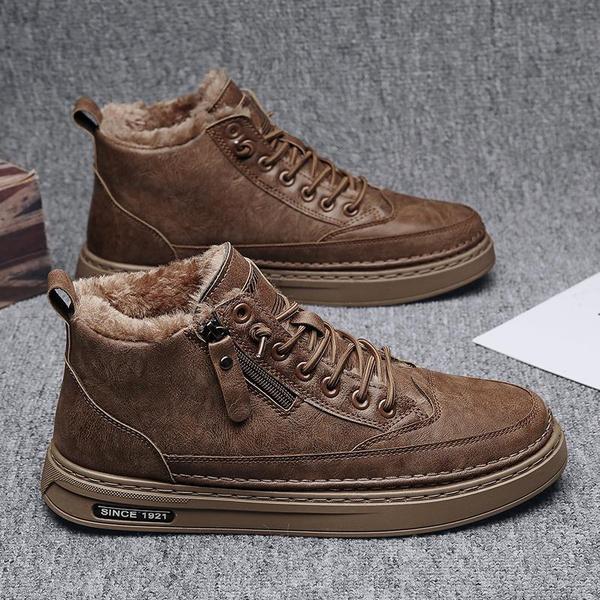 Men's Casual Trendy Shoes Warm Shoes Men's Winter Warm Ankle Boots Men's Fleece High-top Cotton Shoes Male Leather Shoes