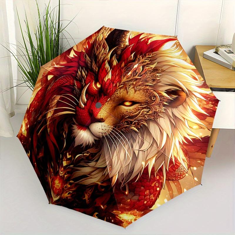 1pc Golden Lion of Fire Automatic Folding Umbrella - 3 Folding Design, Vivid Cartoon Pattern, Suitable for Outdoor Activities, A Gift for Fans In All