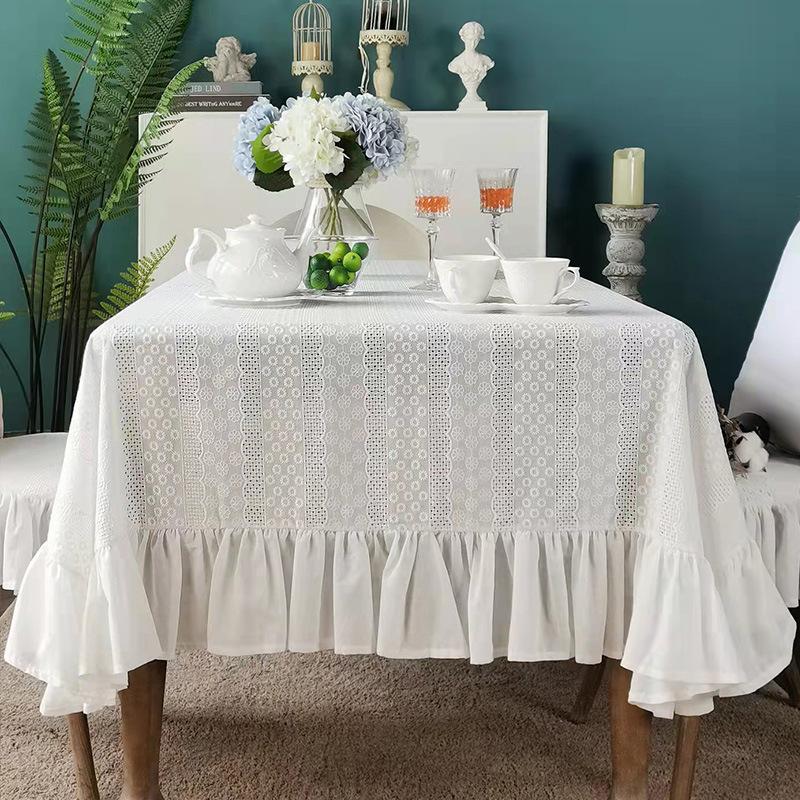 French Ruffle Cotton White Tablecloth,Tea Table Decoration,Rectangle Table Cover For Kitchen Wedding Dining Party Decor