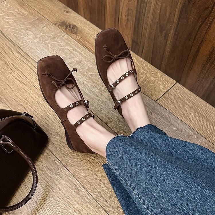 Giant soft bow shallow mouth single shoes 2025 spring sheepskin double breasted bow Mary Jane shoes