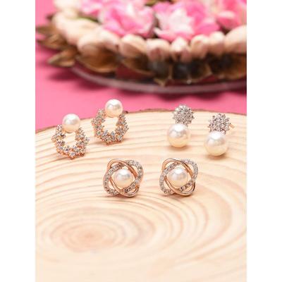 Combo of 3 Cubic Zirconia & Pearls Contemporary Stud Earrings For Women