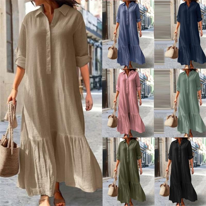 Damen Leinen Hemdkleid Revers 3/4 Ärmel Rüschensaum Locker Lang Maxikleid