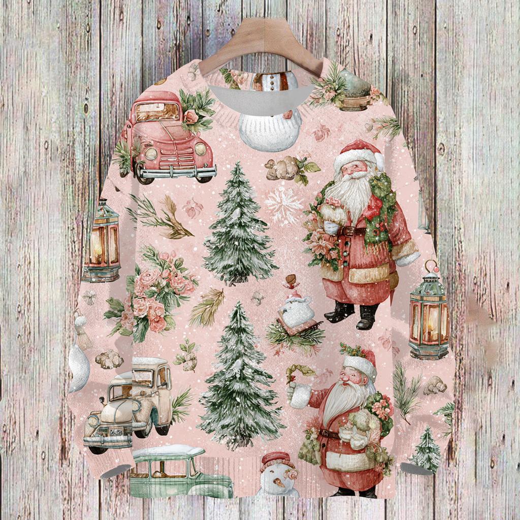 Ladies' Fashionable And Casual Christmas Cute Printed Round Neck Long Sleeved Knitted Yarn