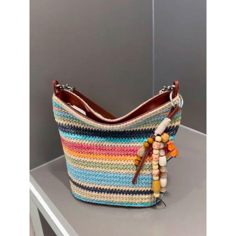 

Classy Niche Style Non-Collision Underarm Bag Women s 2025 New Arrival Super Fire Rainbow Woven Stripes Crossbody Bucket Bag Color