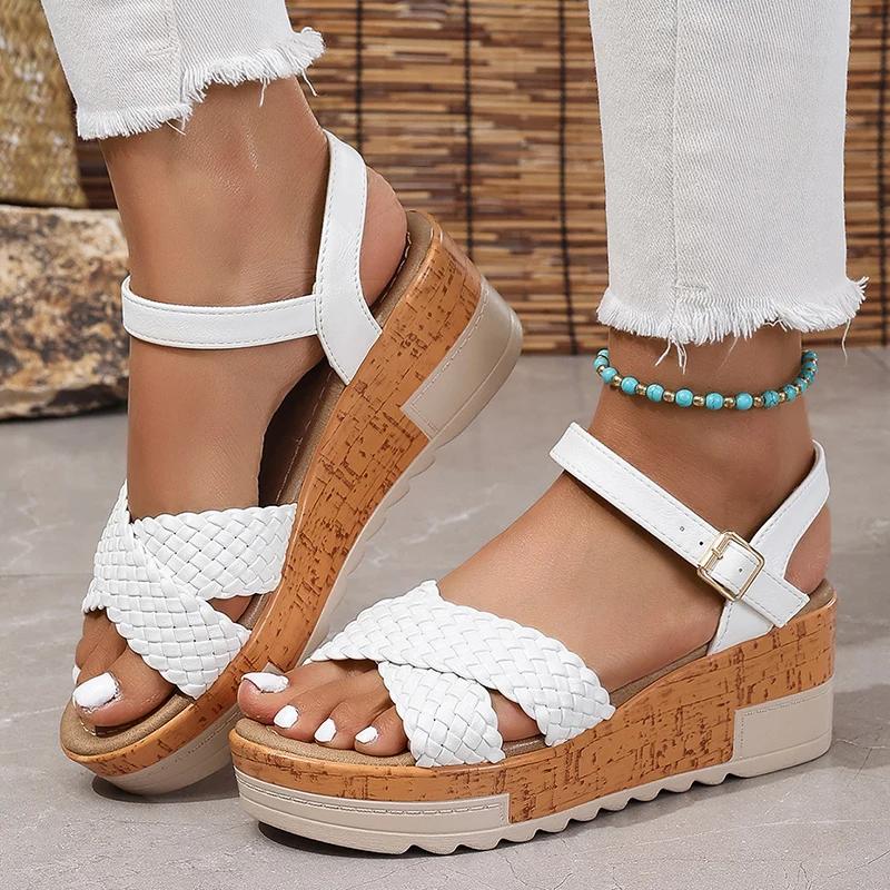Fashion Woven Ankle Strap Wedge Heels Sandals Woman Fashion Braided Platform Rome Shoes Women Summer 2025 Thick Bottom Beach Sandalias