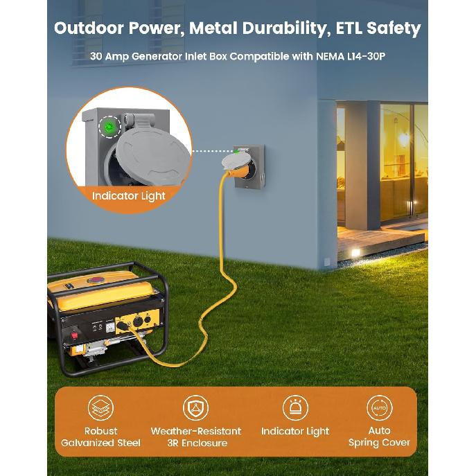SURAIELEC 30 Amp Generator Power Inlet Box, NEMA L14-30P Generator Box for 4-Prong Generator Cord, 125/250V, 7500W Weatherproof Outdoor Power Inlet