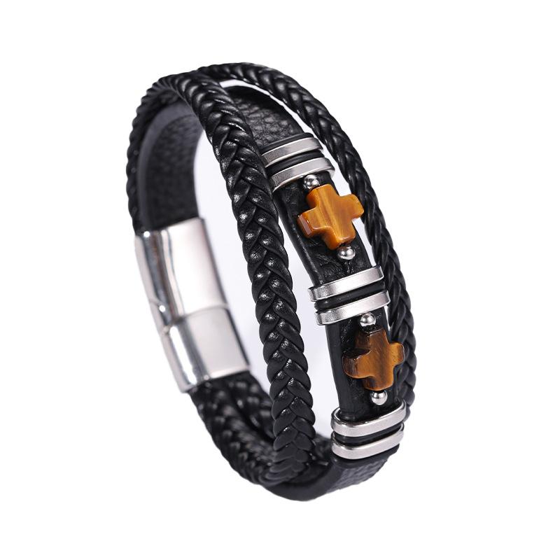 

Шкіряний браслет з каменю Тигрове око Браслет з нержавіючої сталі Багатошарова шкіряна біжутерія Чоловічий браслет 9Inch