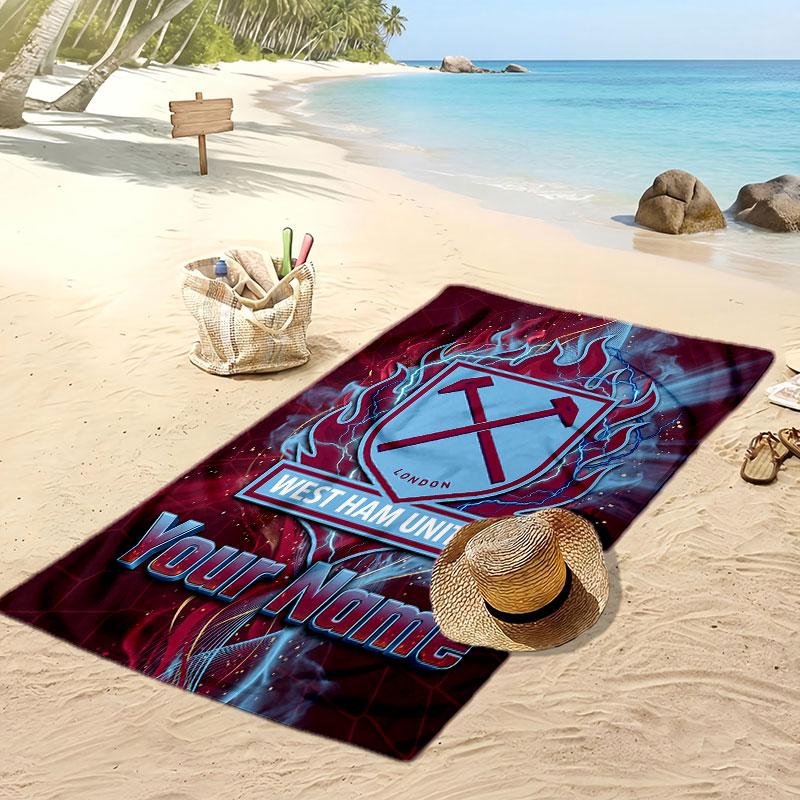 West Ham United FC Personalized Printed Beach Towel Soccer Logo Support Custom Name Text Absorbent Towel For Sport Travel Special Gift