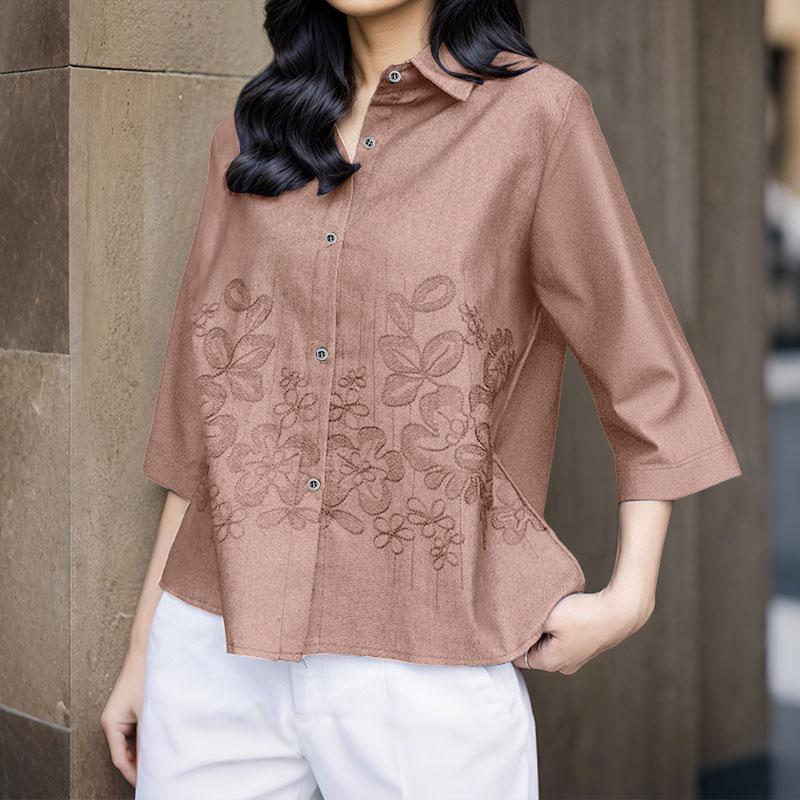 ZANZEA Dame Bluse med nedbrettskrage, 3/4-ermer, løs passform, broderi