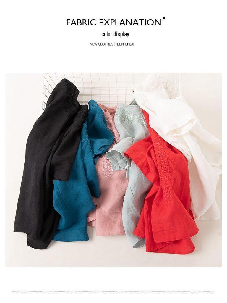 Damska bluzka z krótkim rękawem z lnu i bawełny z haftem w serek Dongdaemun