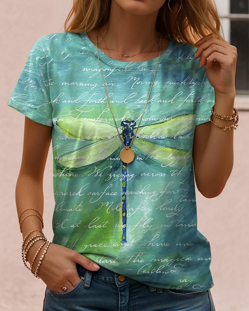 Vintage Kunst libelle Patroon Dames T-shirt Zomer 3D Print Ronde Hals Buiten Korte Mouw polyester Tops Dames Kleding