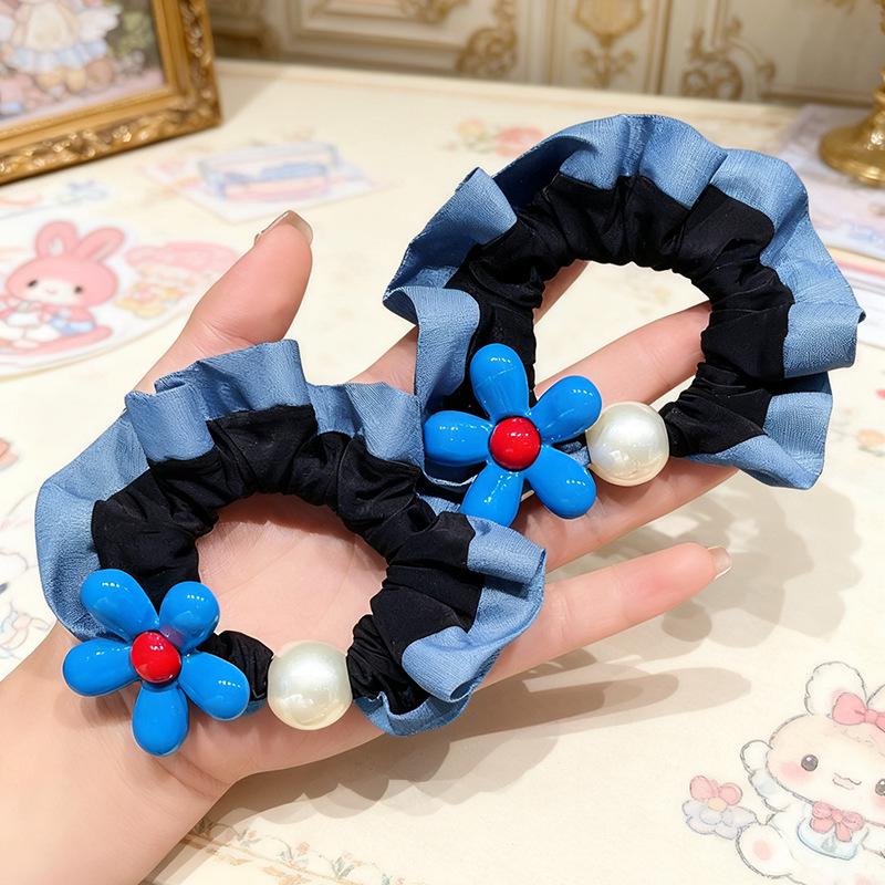 Корейская синяя цветочная жемчужная резинка для волос Dongdaemun - Неповреждающий аксессуар для женских хвостов