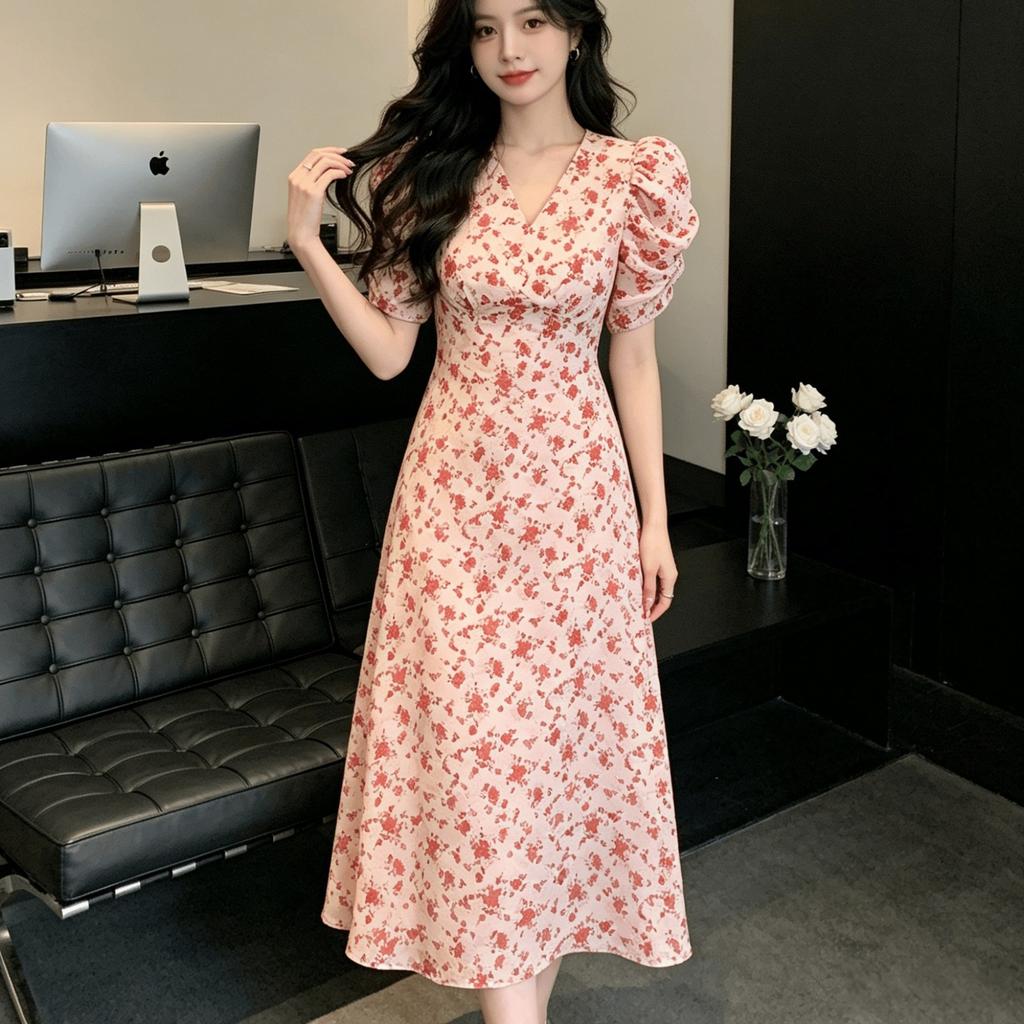 Temperament sweet bubble sleeve V-neck floral dress women's summer long dress high waist mother dress slim A-shaped dress