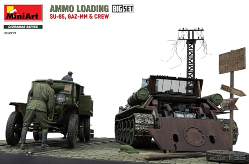 Miniart 1/35 Scale Soviet Ammunition Loading Big Set: SU-85 Self-Propelled Gun, GAZ-MM Medium Truck, and 6 Crew Members, Plastic Model Kit MA36071