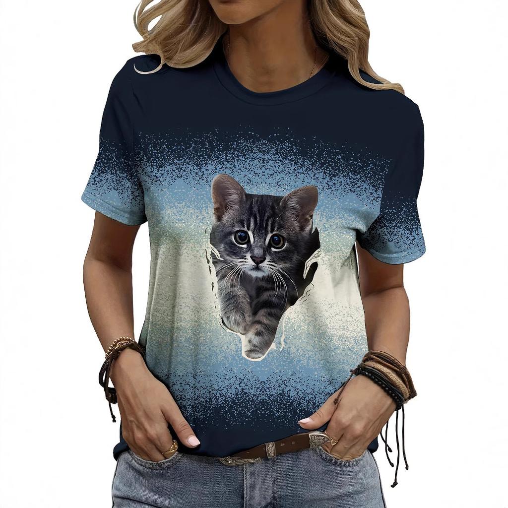 Summer Round Neck 3D Animal Print T-shirts Fashionable Casual Short Sleeved Women's T-shirts