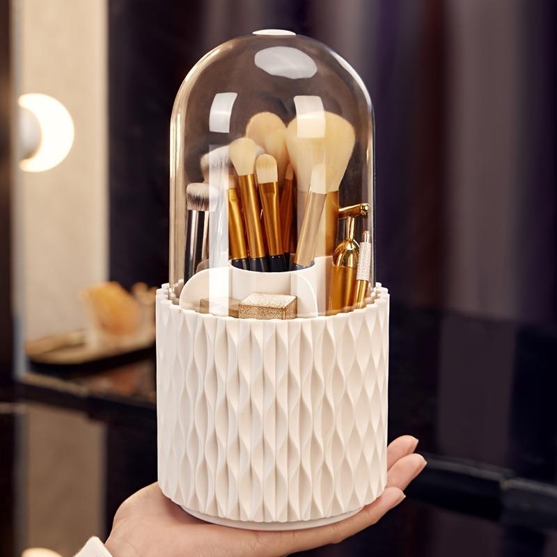 Rotating Makeup Brush Holder With Clear Lid Dustproof Cosmetic Organizer 1PCS белый