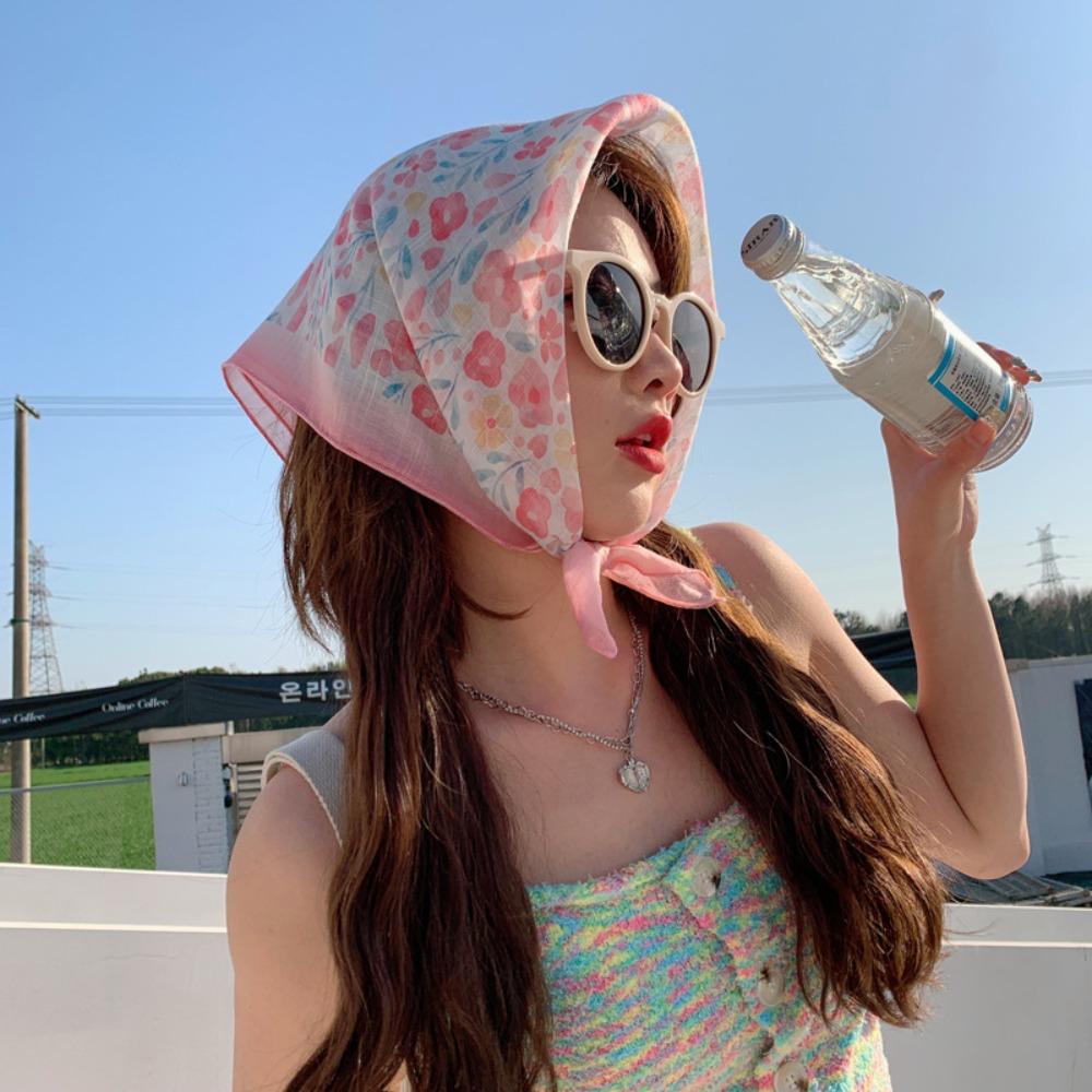 

Breathable Women Headscarf French Flower Printed Small Square Scarf Hair Scarf Spring Summer E