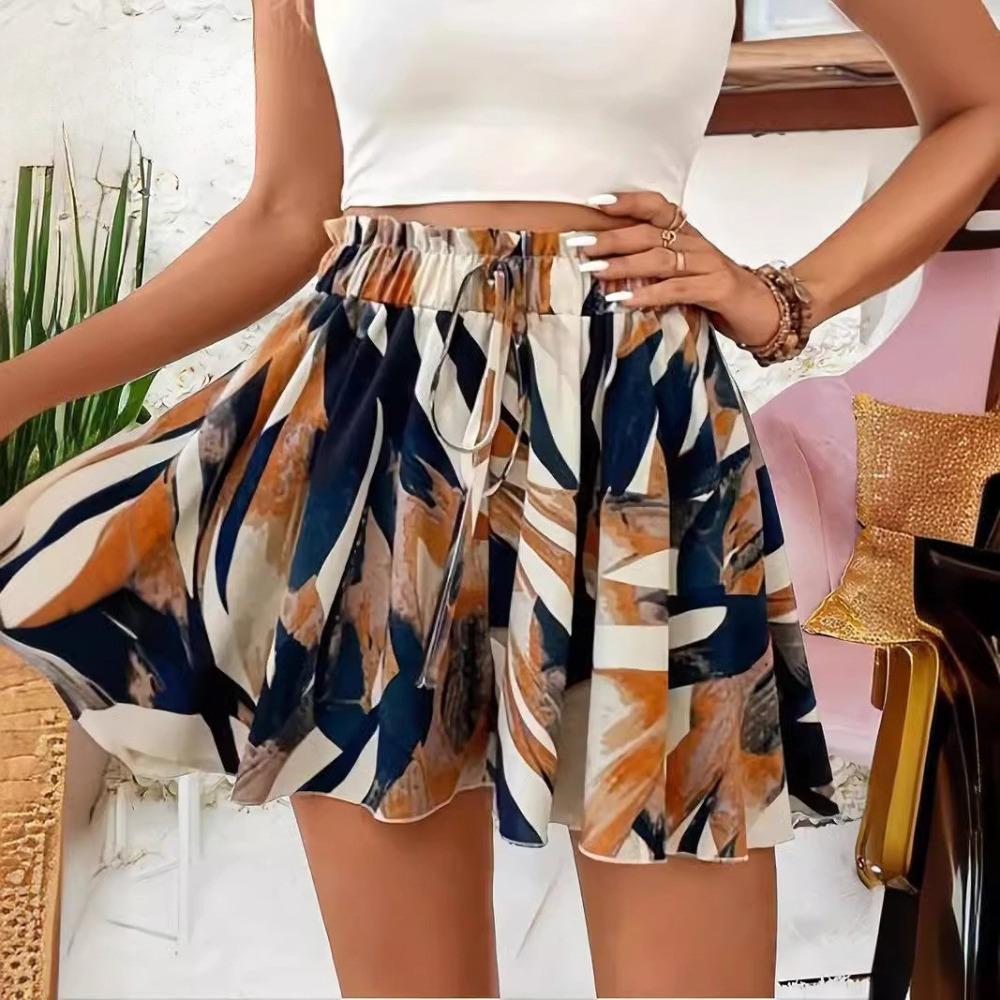 Women's Summer Printed Wide-Leg Lace-Up Shorts, Fashionable and Elegant Vacation Beach Skirt Women's Beach Vacation Printed Mini Skirt