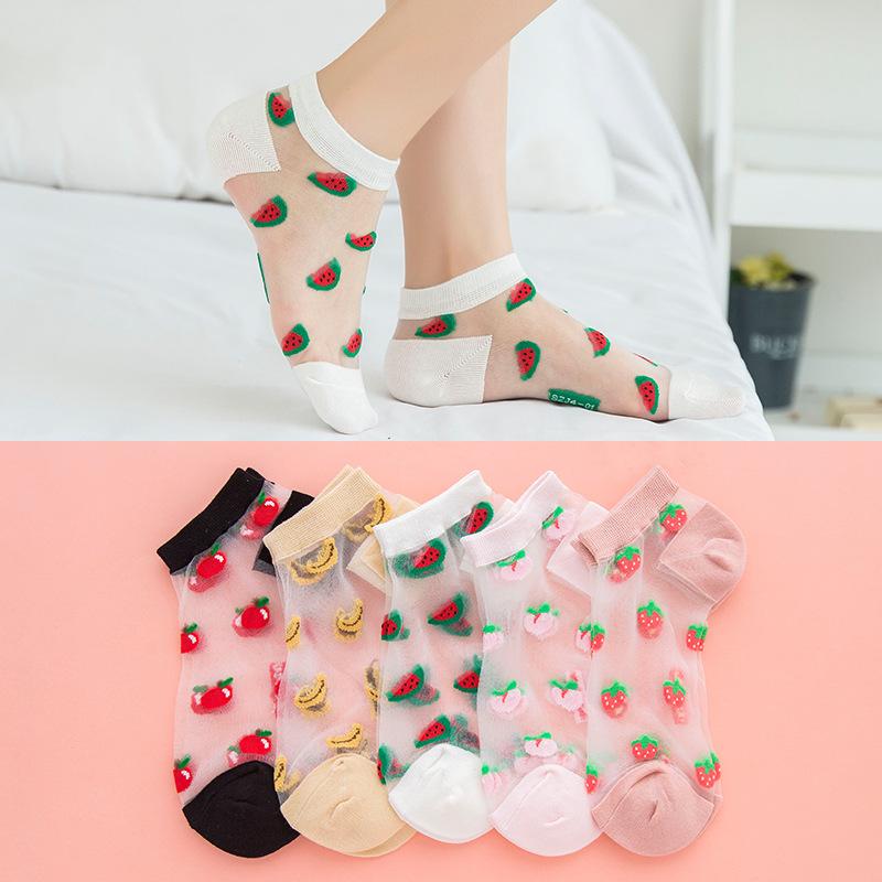5 Paar Harajuku Sommer Bananen-Spitze Netz Knöchelsocken Damen Fruchtsocken Transparent Elastisch für Mädchen Weich Weiblich Farbe Zufällig