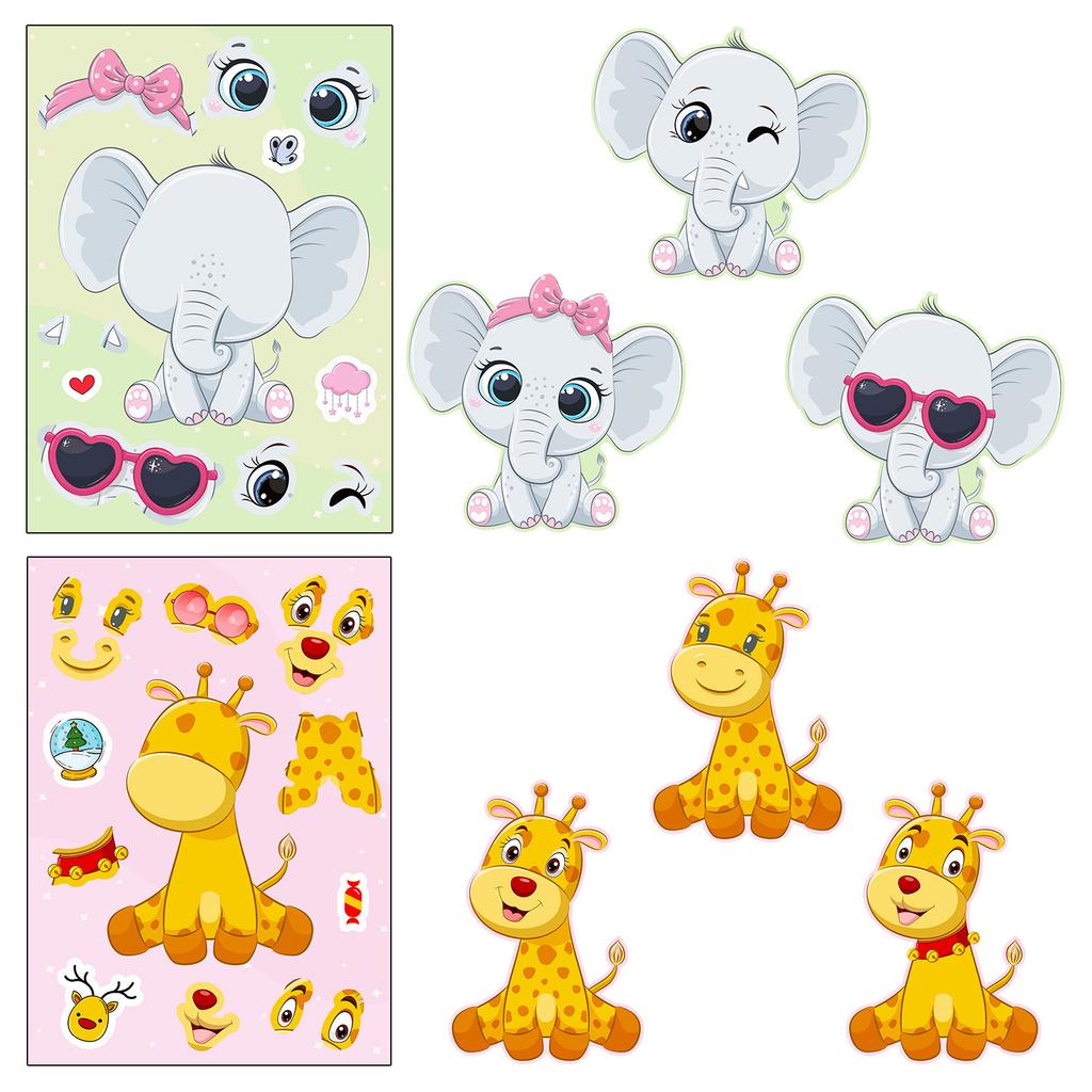 6 Photos/pack of Animal Face Change Stickers Cartoon Cute Little Animal Giraffe Turtle Tiger DIY Dress-up Stickers