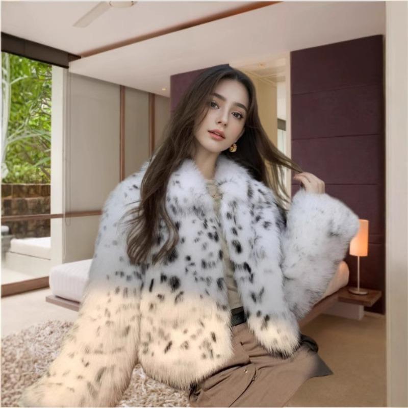 Imitation fox fur jacket black and white spots leopard print lapel loose fur jacket women's light