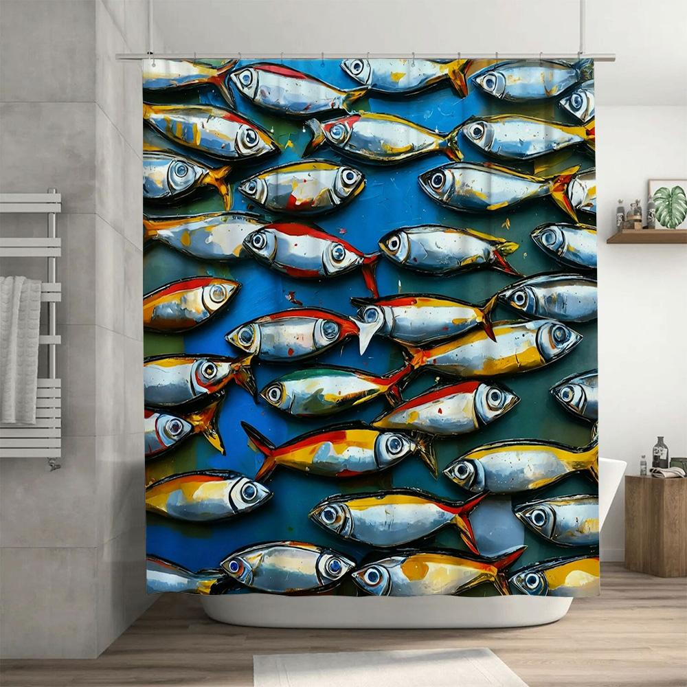 Modern Fish Pattern Print Shower Curtain Blue Background with Yellow Red Accents Decorative Bath Room Accessories for Home Size