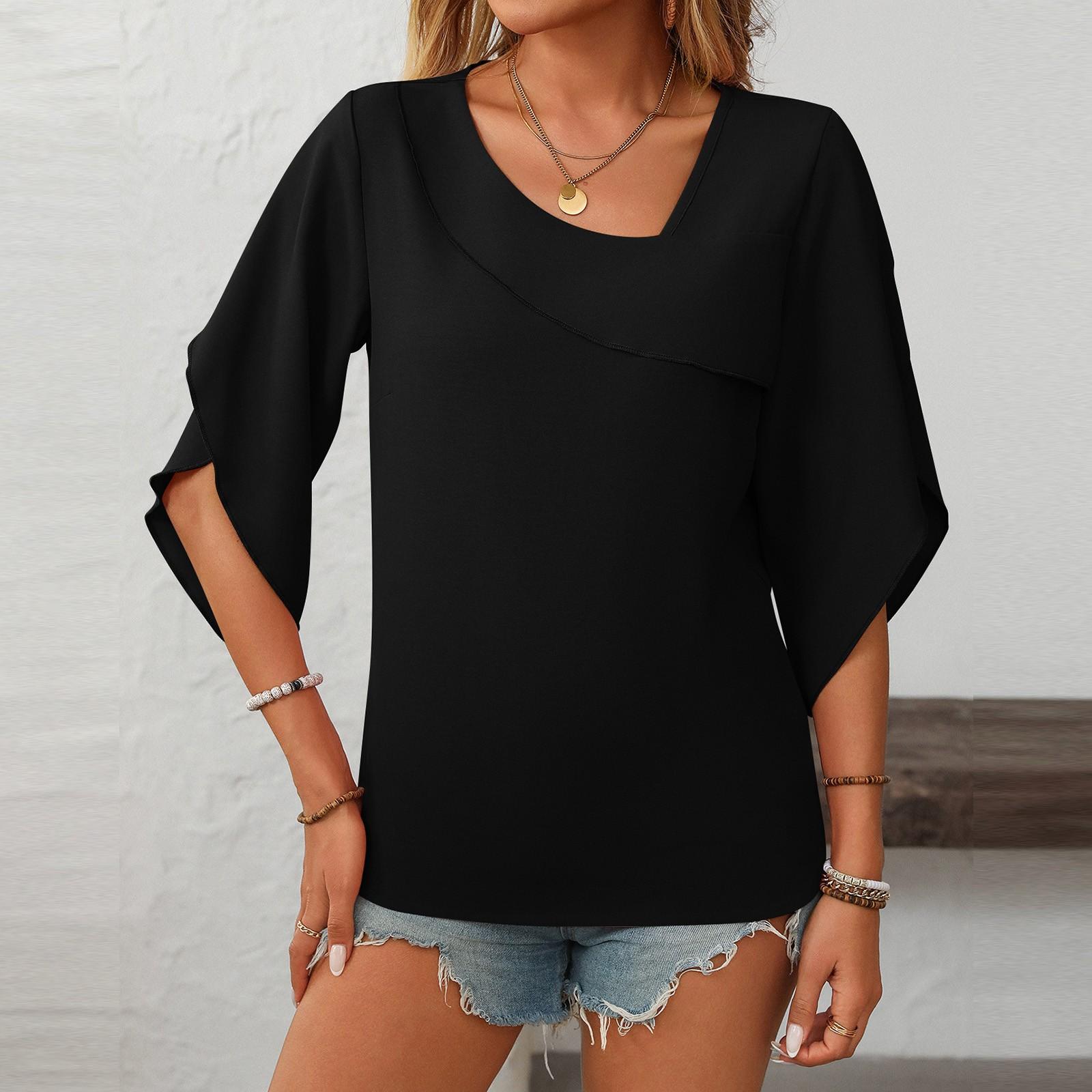 

Женская мода однотонный топ с V-образным вырезом и цветочным принтом, рукавами-бутонами, темперамент L чёрный