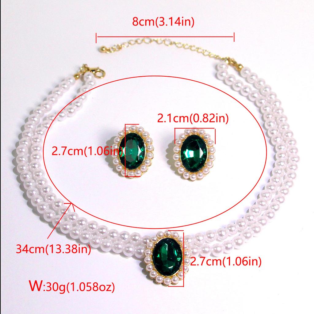3 pieces of women's trendy double row pearl emerald earrings necklace jewelry set wedding banquet party holiday gifts