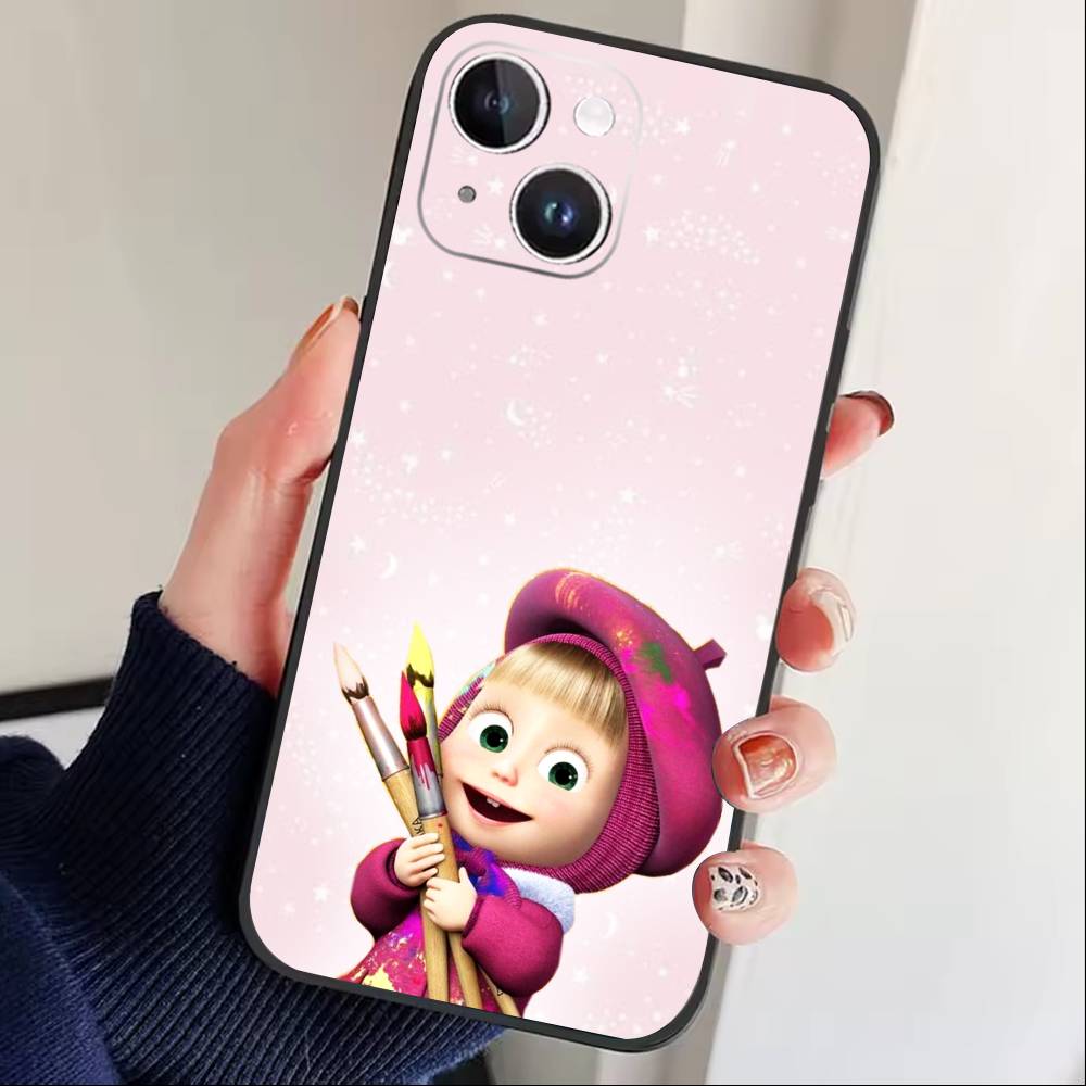Cute Masha and the Bears Phone Case For iPhone 17 16 15 14 13 12 Max Plus Silicone Black Cover