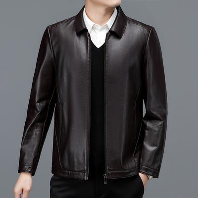 Large Size Middle-aged Men's Lapel Leather Jacket, Casual Dad Wear, Loose Mid-length Coat, Sheepskin Leather Jacket
