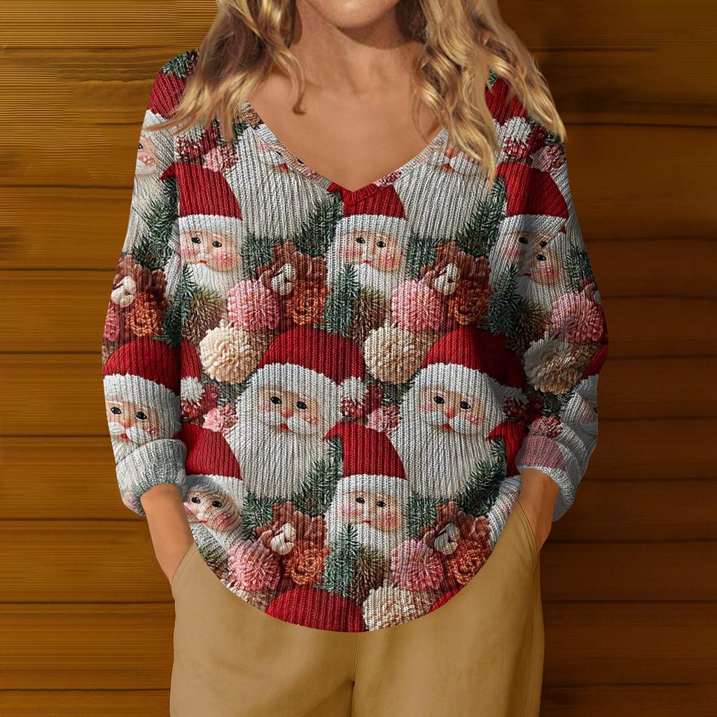Dámský ležérní pletený pulovr s dlouhým rukávem a výstřihem do V s vánočním potiskem