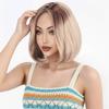 Women Mixed Blonde Brown Wigs with Dark Roots Short Hair Synthetic Wave Wig for Daily Cosplay Use Heat Resistant Fibre