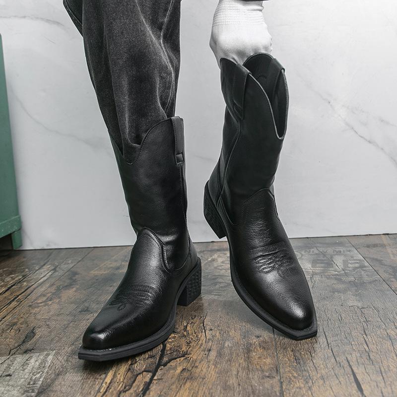 Men’s Mid-Calf Martin Western Cowboy Boots - Breathable, Embroidered, High-Top Pull-On Riding Boots for Autumn and Winter