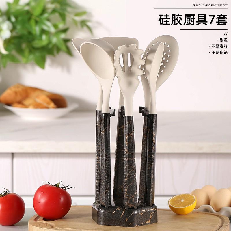 7-Piece Silicone Kitchen Utensil Set With Heat-Resistant Non-Stick Spatula Ladle Slotted Spoon Cooking Baking Stirring Silicone Kitchen Utensil Set 7-Piece White