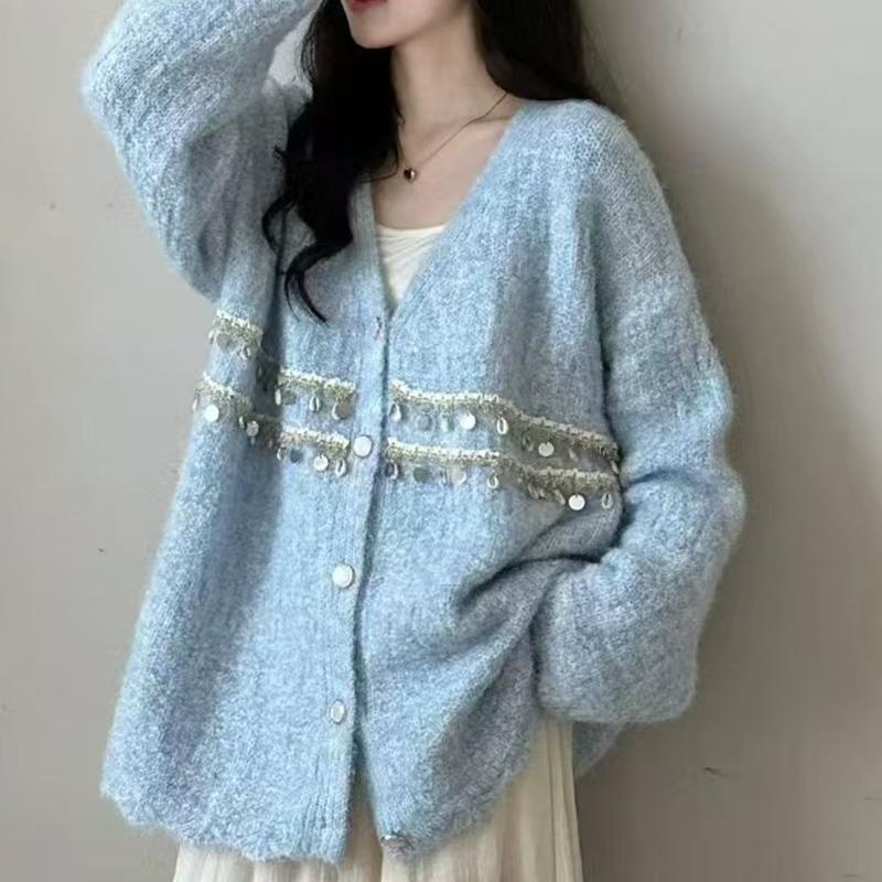 Women Sequin Decorated Solid Color Sweater Lazy Style Loose Fitting V-neck Knitted Sweaters Autumn Fashion Versatile LadySingle Breasted Top Coat